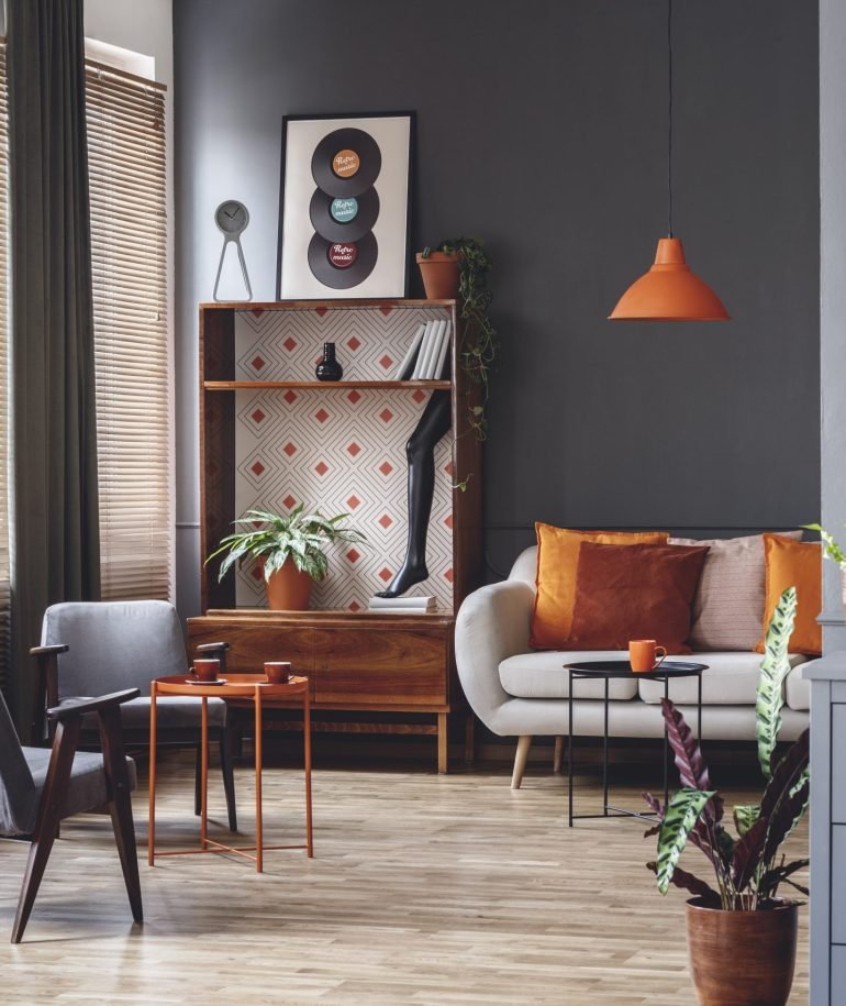 Spacious grey and orange interior