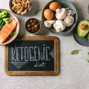 Ketogenic diet ingredients for cooking dinner. Raw salmon, avocado, broccoli, bean, olives, nuts, mushrooms, eggs in ceramic bowls with chalk board lettering. Grey texture background. Flat lay, space