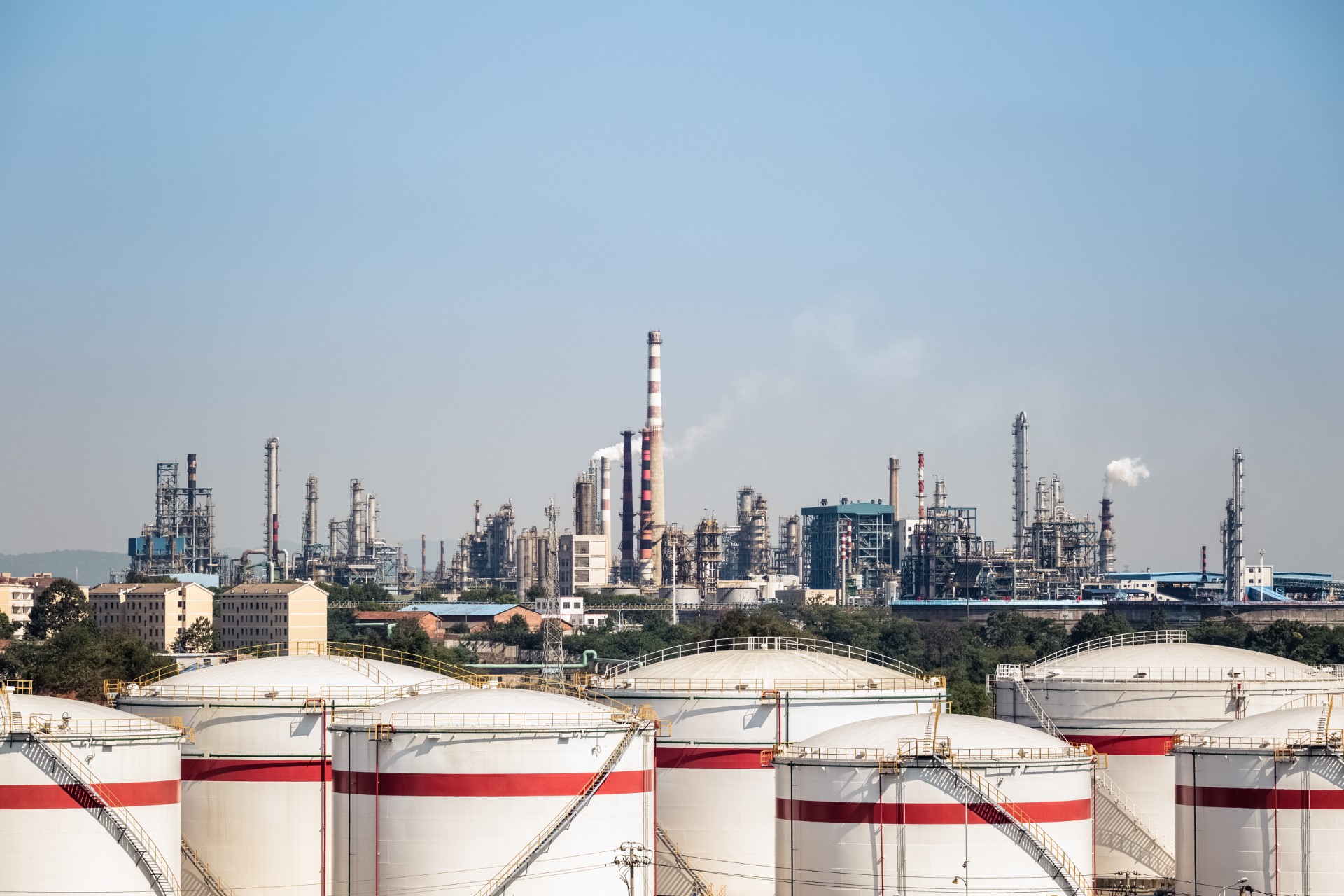 petrochemical complex and storage tanks, industrial landscape of oil refinery factory