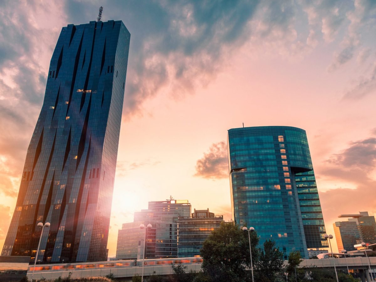 Skyscrapers and modern architecture in Vienna Austria at night