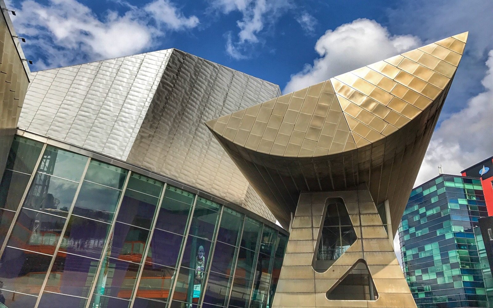 Unusual shapes and design of modern architecture at The Lowry, Salford Manchester England in summer